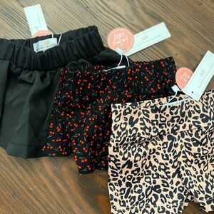 NWT infant girl cherry & black skirt, leopard biker shorts, 3 pack (0-3M)